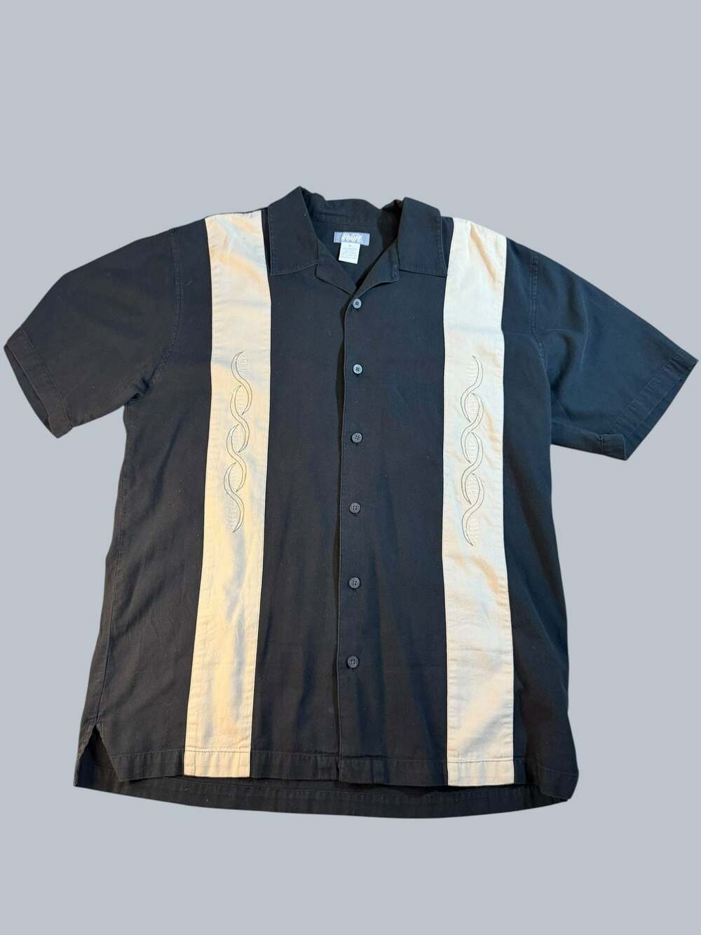Utility VNTG Embroidered Panel Bowling Shirt Short Sleeve Black Tan Men's Size M
